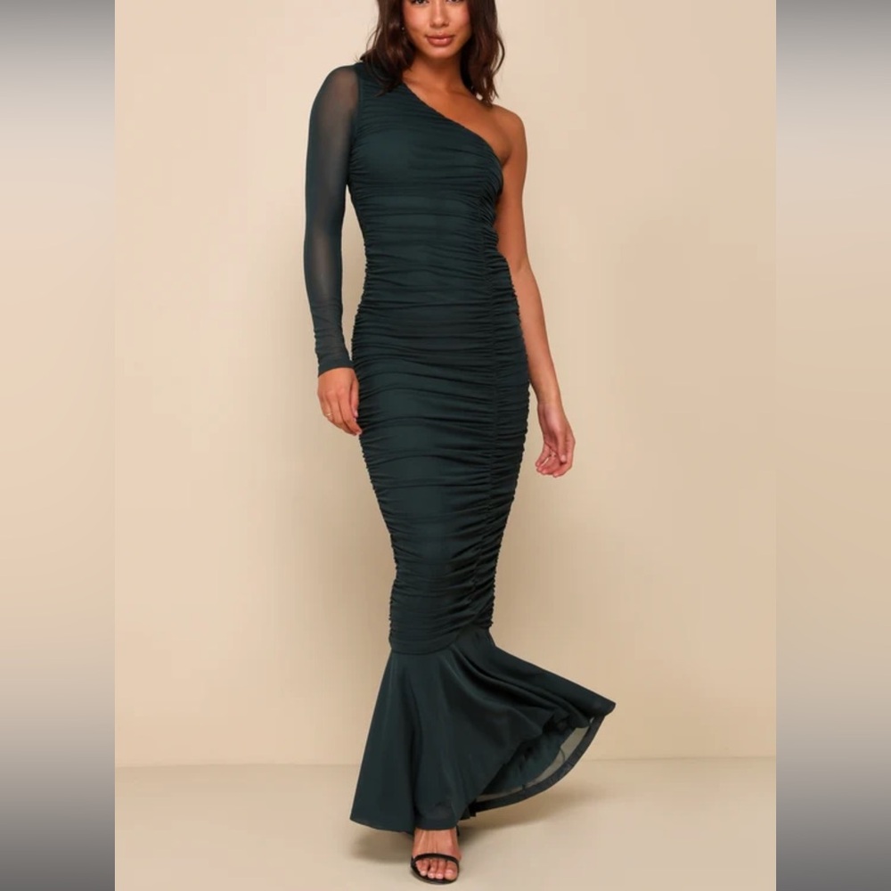 Flawless Passion Emerald Green Ruched One-Shoulder Maxi Dress